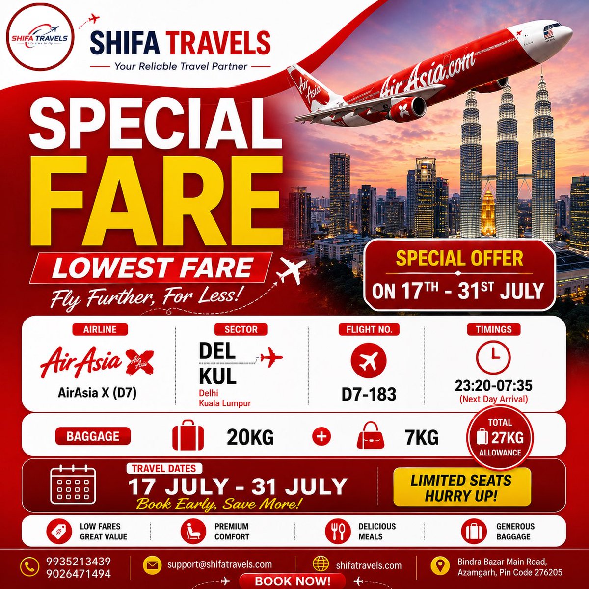 ShifaTravels's tweet photo. ✈️ DON’T MISS THIS AMAZING AIRASIA DEAL!
🌏 DELHI (DEL) ➜ KUALA LUMPUR (KUL)
💥 SPECIAL FARE | LOWEST PRICE
📅 Travel: 17 July – 31 July
🧳 20KG Check-in + 7KG Cabin Baggage
📲 Call or WhatsApp Now
9935213439 | 9026471494
#flightdeal #airasia #malyasia https://t.co/ItmHaI0PYi