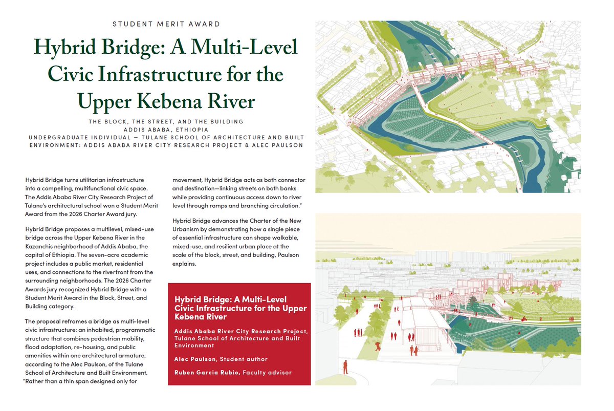 RubGarRub's tweet photo. Very happy to see Alec Paulson’s project, developed within the Addis Ababa River City Research Project at Tulane, receive a Student Merit Award from the 2026 CNU Charter Awards jury.
Hybrid Bridge rethinks infrastructure as civic space.
Congratulations, Alec.
#CNU34 #UrbanDesign https://t.co/A2qCIn0AWX