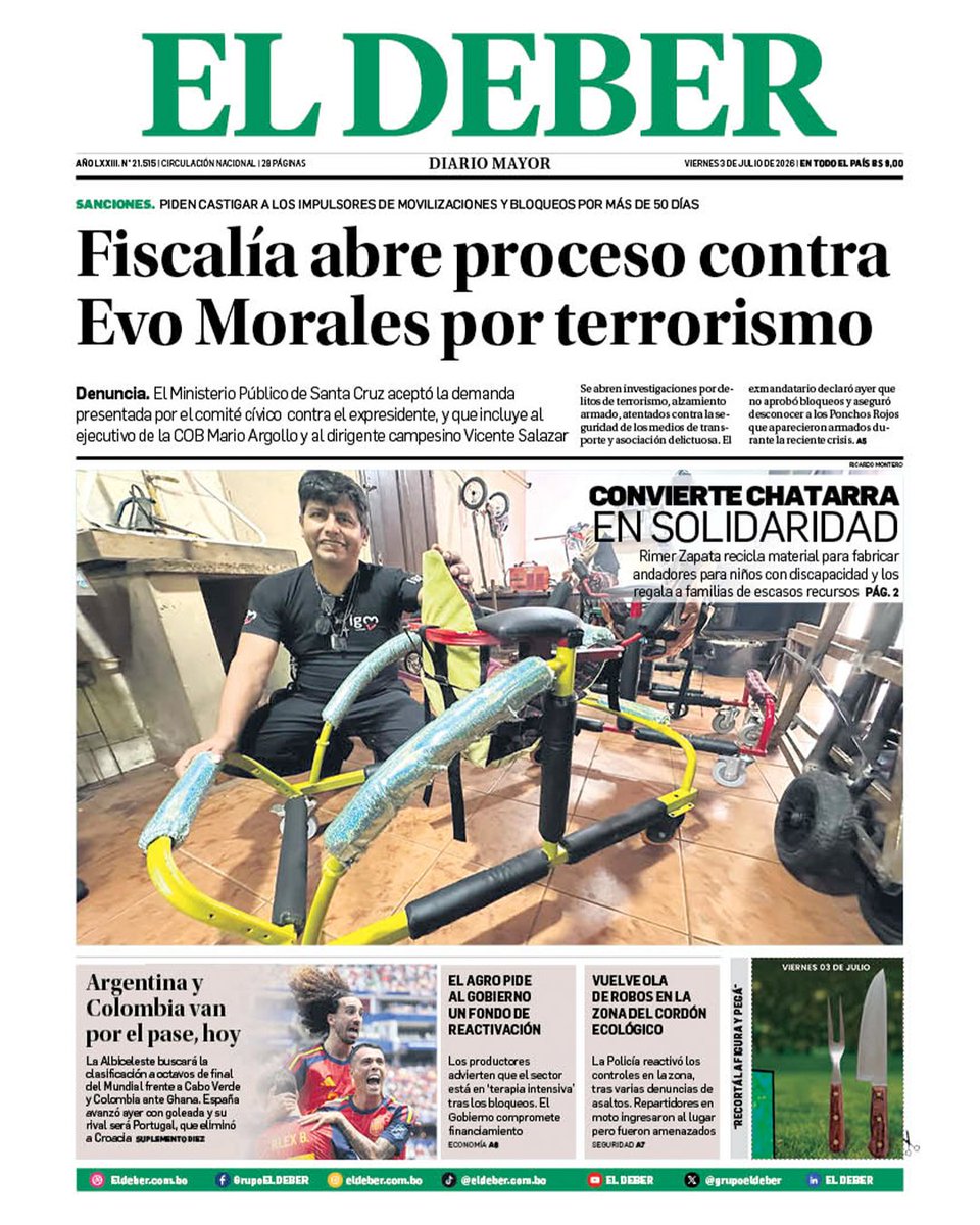 grupoeldeber's tweet photo. Te presentamos la portada de la edición impresa de EL DEBER de este viernes, 3 de julio de 2026.

#ELDEBER #Portada #EdiciónImpresa #Bolivia https://t.co/O4ID6tPdRu