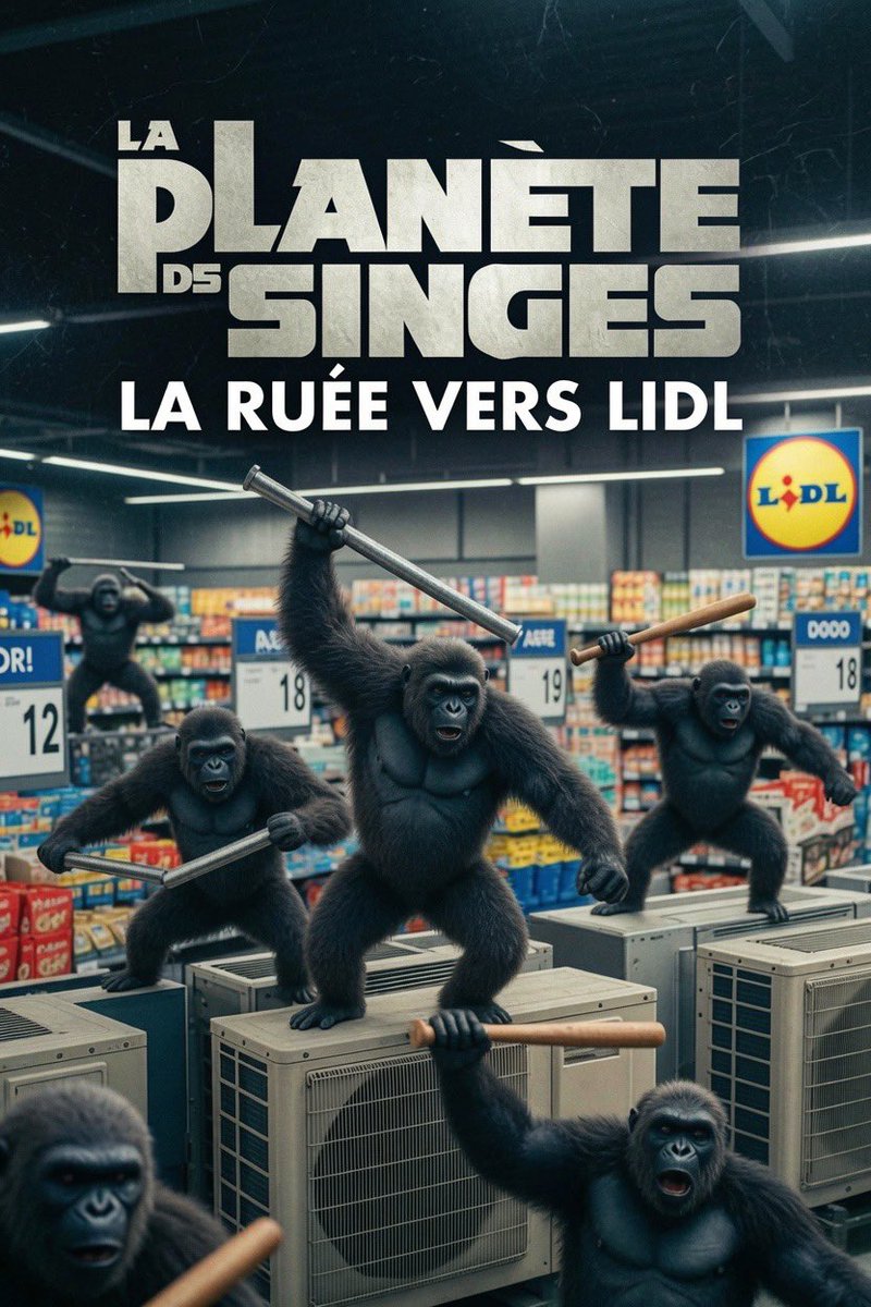 SitgesFranck's tweet photo. « La Planète des Singes : la ruée vers Lidl » ! Cette fois ils se battent pour avoir moins chaud 🥵. Bientôt dans un magasin Lidl près de chez vous https://t.co/Y0vBwCJfxk