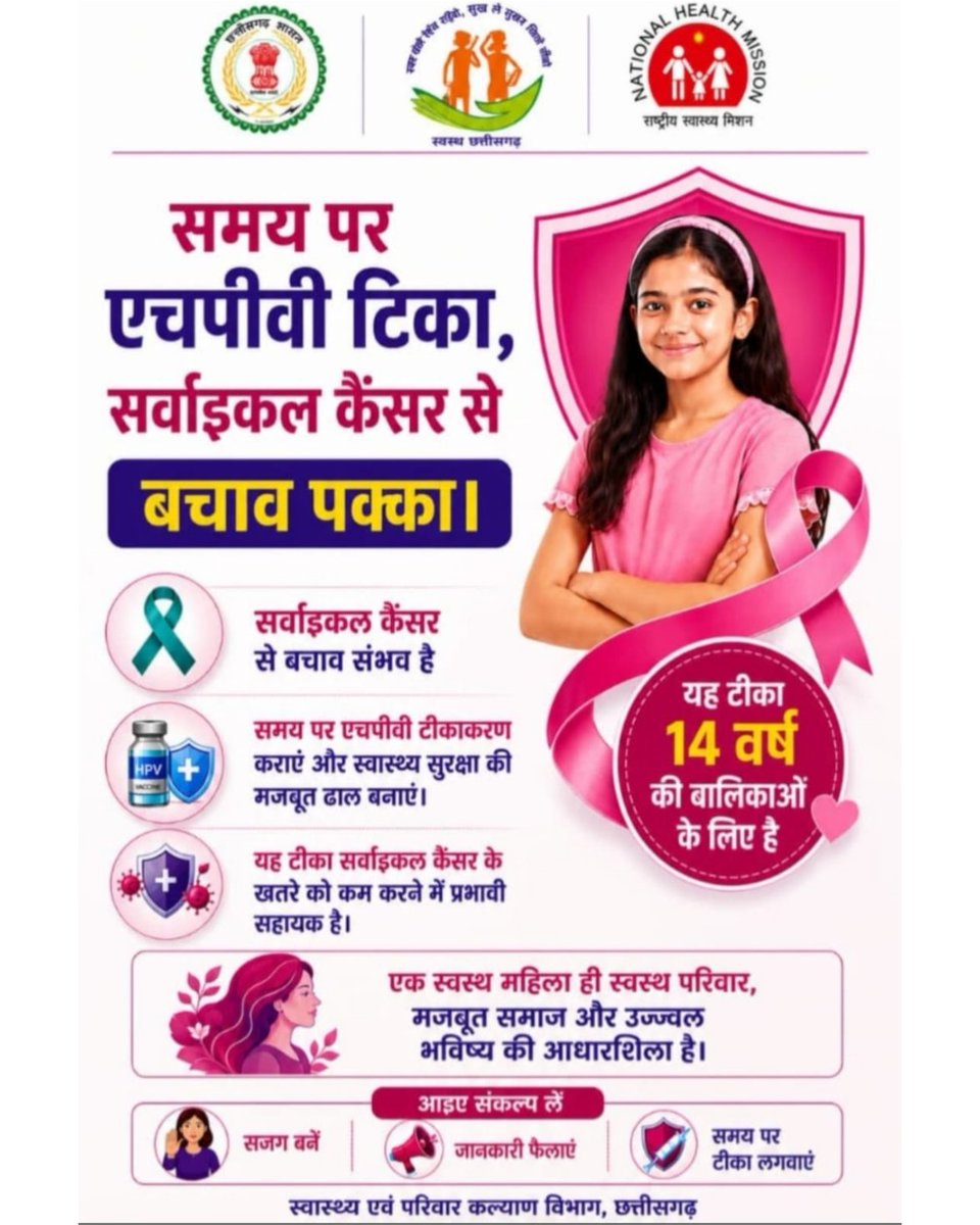 BilaspurDist's tweet photo. सर्वाइकल कैंसर से बचाव की दिशा में बड़ा कदम। 14 वर्ष आयुवर्ग की पात्र किशोरी बालिकाओं के लिए HPV टीका जिले के शासकीय स्वास्थ्य संस्थानों में निःशुल्क उपलब्ध है।

आज ही टीकाकरण कराएं, बेटियों को सुरक्षित बनाएं।

#HPVVaccine #CervicalCancerPrevention #Bilaspur #PublicHealth https://t.co/v4Kw4Eog4t