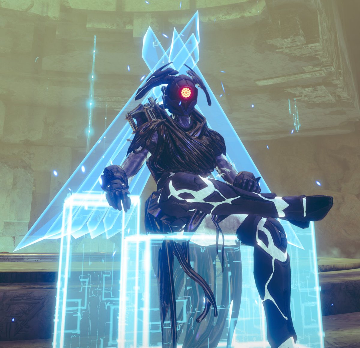 SydriVex's tweet photo. The sleek-shelled ghost floats by,  confusion in its lens as the vex warlock relaxes.

"[Relaxing now? And not miles into the gate network? Like you're asking for trouble.]" A frustrated digital trill from the vex. "[Fine, don't expect my help when they have their way with you.]" https://t.co/yZevri2cNd