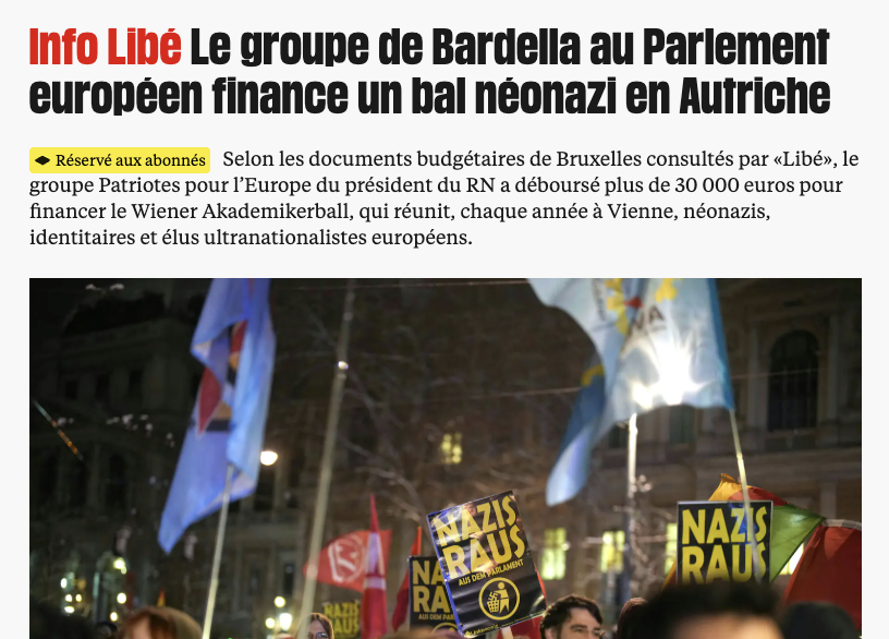 ManonAubryFr's tweet photo. Le groupe du Parlement européen présidé par Jordan Bardella a financé un grand évènement néo-nazi en Autriche !

Marine Le Pen avait été l'invitée d'honneur de ce bal en 2012...

Ne vous méprenez pas : depuis Jean-Marie Le Pen, ils ont changé de nom, mais pas d'idées ! https://t.co/M9Av2uYAVX