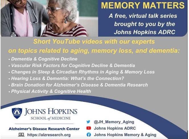 JH_Memory_Aging's tweet photo. Have some downtime this weekend? Take a few minutes and gift yourself insightful knowledge on any number of brain health topics from our short, free #MemoryMatters talks, such as:
Dementia & Cognitive Decline
Vascular Risk Factors for Dementia
Hearing Loss & Dementia
Physical Activity & Cognitive Health
Changes in Sleep & Circadian Rhythms
The Importance of Brain Donation
Visit: https://t.co/5iXhsvPEEZ