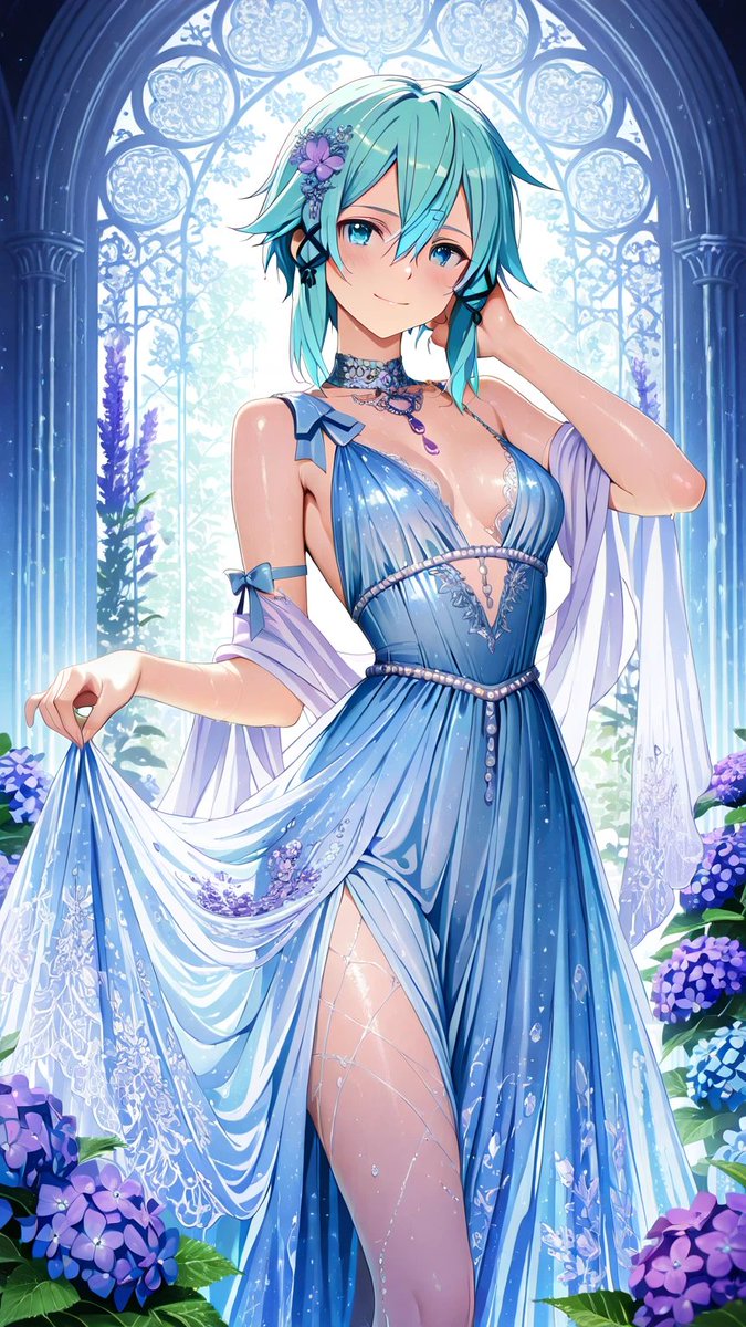 oteranosekai's tweet photo. ファンアート

主催
「紫陽花ドレスはいかがですか？」
シノン
「雨粒みたいな輝きが綺麗ね。この季節だからこそ映えるドレスだと思うわ。」

作品名： ソードアート・オンライン
#夜会開催 #プロンプト試着 #七夕夜会
#シノン #SAO #ソードアートオンライン https://t.co/CDL2vO72LA