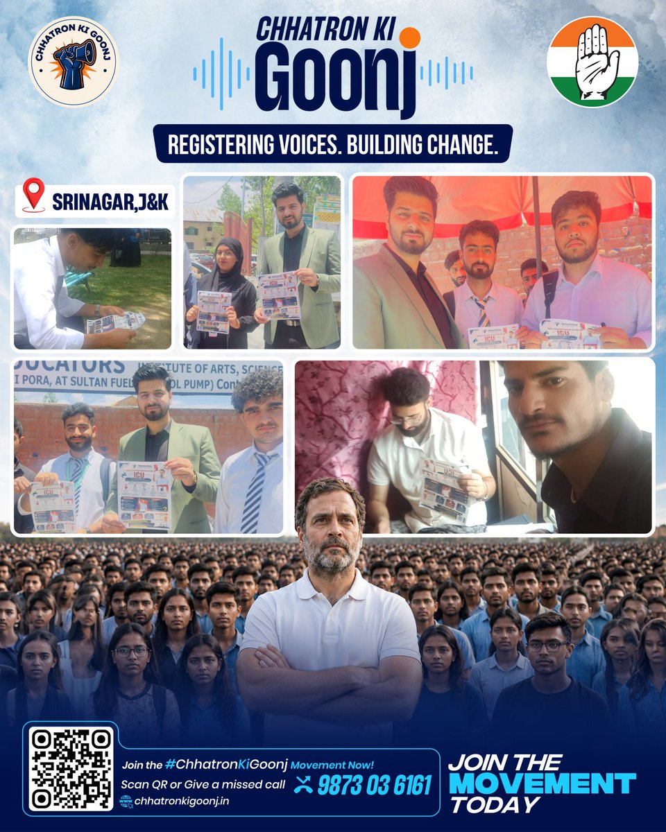 IYC's tweet photo. छात्रों की गूंज..✊🏻📚🇮🇳

आज📍श्रीनगर  में युवा कांग्रेस कार्यकर्ता छात्रों के बीच पहुंचे, जहां पेपर लीक और लीक शिक्षा व्यवस्था के खिलाफ #ChhatronKiGoonj की गूंज सुनाई दी!

अब आपकी आवाज़ भी इस आंदोलन का हिस्सा बन सकती है!

📲 आज ही जुड़िए!
📞 Missed Call दें: 9873036161
📱 QR Code स्कैन करें या 🌐 https://t.co/XoY7zPcFpd पर जाएँ!