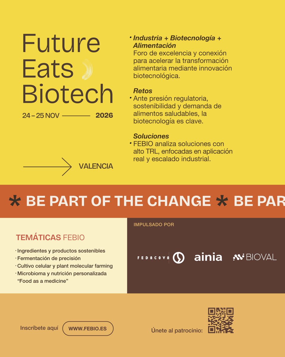 BIOVAL_es's tweet photo. 🚀 Tres entidades líderes impulsan #FEBIO, el primer congreso europeo de biotecnología aplicada exclusivamente a la alimentación.
🤝 @FEDACOVA_VLC + @ainiatecnologia + BIOVAL te esperan.
📅 24-25 nov. | 📍 Valencia 🎟️ https://t.co/9aA6AOu8Y5
#FutureEatsBiotech #Biotec https://t.co/8kK6iyx6JG