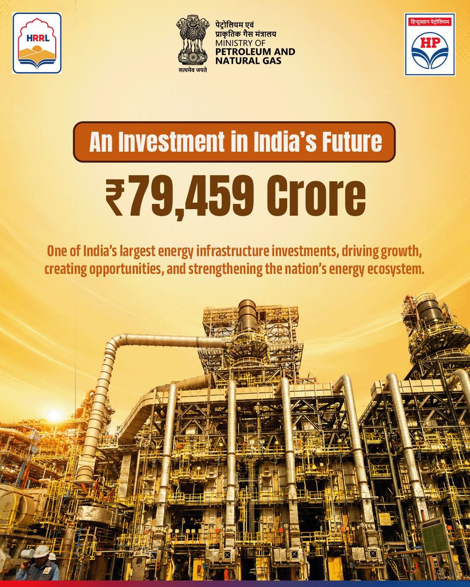 gailindia's tweet photo. Every great nation is built on strong foundations and energy is one of them.

HPCL Rajasthan Refinery Limited (HRRL) represents a significant step towards strengthening India's energy ecosystem. Designed with cutting-edge technology and a long-term vision, this integrated refinery and petrochemical complex is contributing to energy security, industrial growth, and regional development.

As India moves towards a future of innovation and self-reliance, HRRL continues to play an important role in powering industries, supporting economic progress, and creating lasting value for the nation.

Swipe through to explore the vision, achievements, and impact of this landmark project.

@HardeepSPuri @PetroleumMin @TheSureshGopi @Secretary_MoPNG 

#JewelofRajasthan #HRRL #HPCLRajasthanRefinery #EnergyInfrastructure #EngineeringExcellence #Refinery #IndustrialGrowth #YearOfSustainableGrowth
