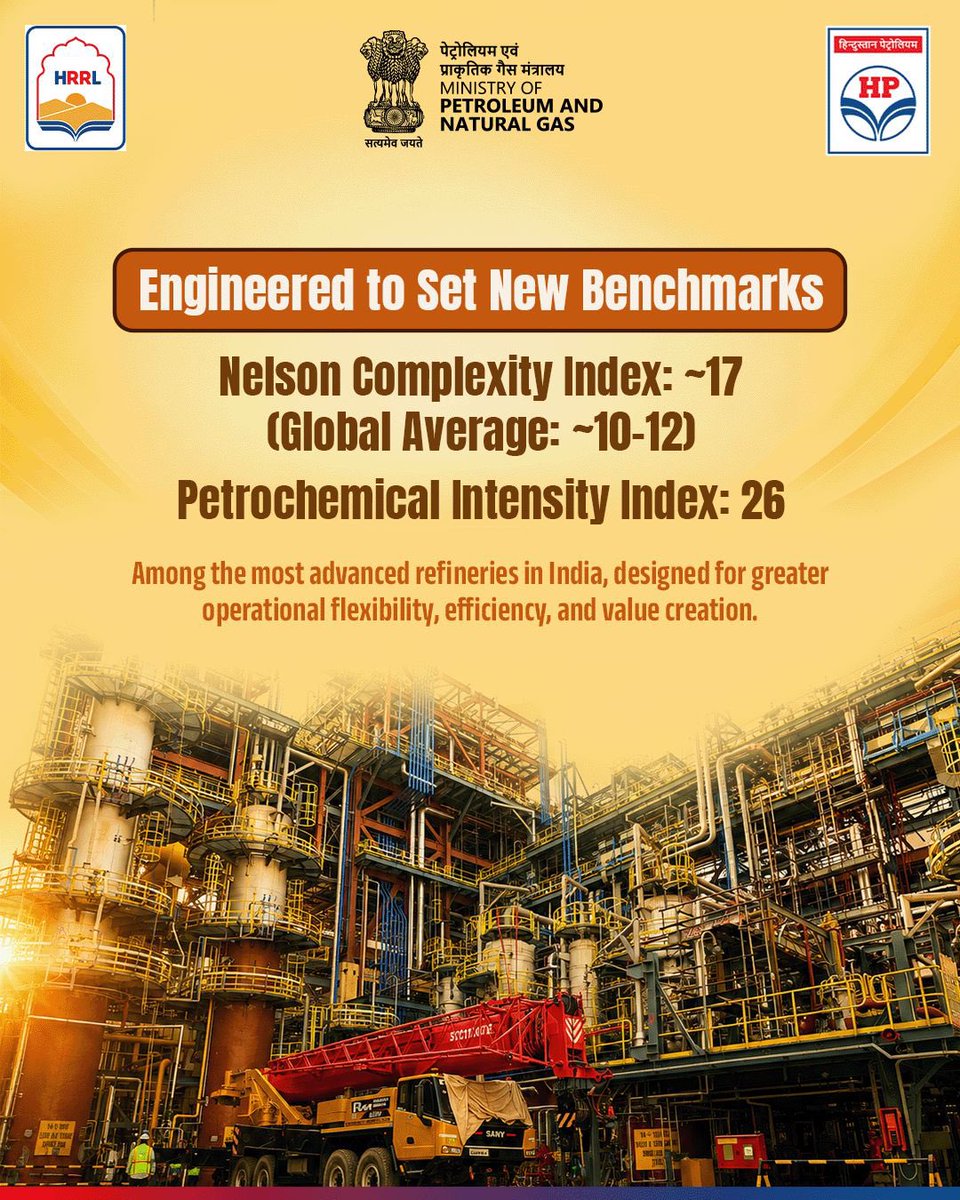gailindia's tweet photo. Every great nation is built on strong foundations and energy is one of them.

HPCL Rajasthan Refinery Limited (HRRL) represents a significant step towards strengthening India's energy ecosystem. Designed with cutting-edge technology and a long-term vision, this integrated refinery and petrochemical complex is contributing to energy security, industrial growth, and regional development.

As India moves towards a future of innovation and self-reliance, HRRL continues to play an important role in powering industries, supporting economic progress, and creating lasting value for the nation.

Swipe through to explore the vision, achievements, and impact of this landmark project.

@HardeepSPuri @PetroleumMin @TheSureshGopi @Secretary_MoPNG 

#JewelofRajasthan #HRRL #HPCLRajasthanRefinery #EnergyInfrastructure #EngineeringExcellence #Refinery #IndustrialGrowth #YearOfSustainableGrowth