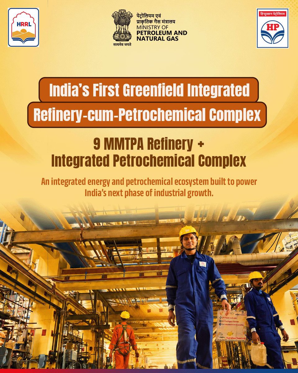 gailindia's tweet photo. Every great nation is built on strong foundations and energy is one of them.

HPCL Rajasthan Refinery Limited (HRRL) represents a significant step towards strengthening India's energy ecosystem. Designed with cutting-edge technology and a long-term vision, this integrated refinery and petrochemical complex is contributing to energy security, industrial growth, and regional development.

As India moves towards a future of innovation and self-reliance, HRRL continues to play an important role in powering industries, supporting economic progress, and creating lasting value for the nation.

Swipe through to explore the vision, achievements, and impact of this landmark project.

@HardeepSPuri @PetroleumMin @TheSureshGopi @Secretary_MoPNG 

#JewelofRajasthan #HRRL #HPCLRajasthanRefinery #EnergyInfrastructure #EngineeringExcellence #Refinery #IndustrialGrowth #YearOfSustainableGrowth