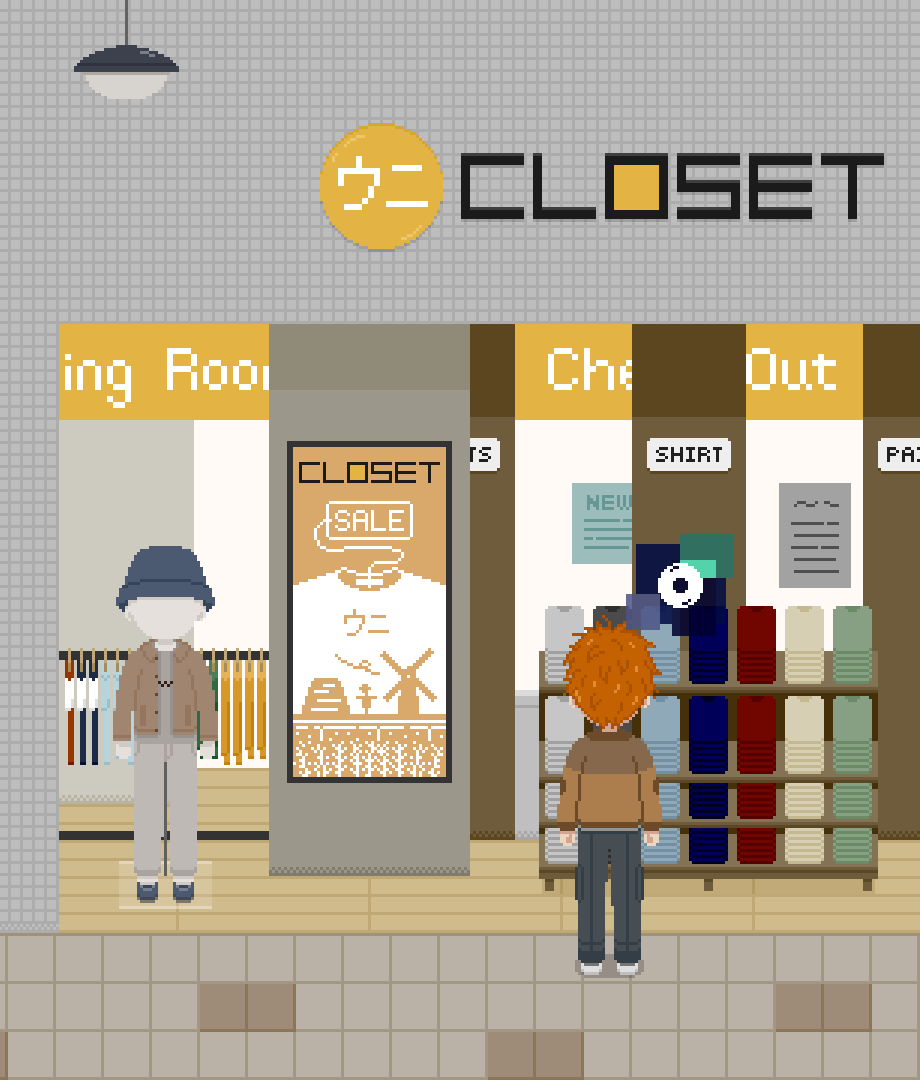 FusenStudio's tweet photo. The mannequin for Sea Urchin Closet has been dressed in autumn wear.
#indiegame #pixelart #インディーゲーム #ドット絵 https://t.co/La22JEz2X8