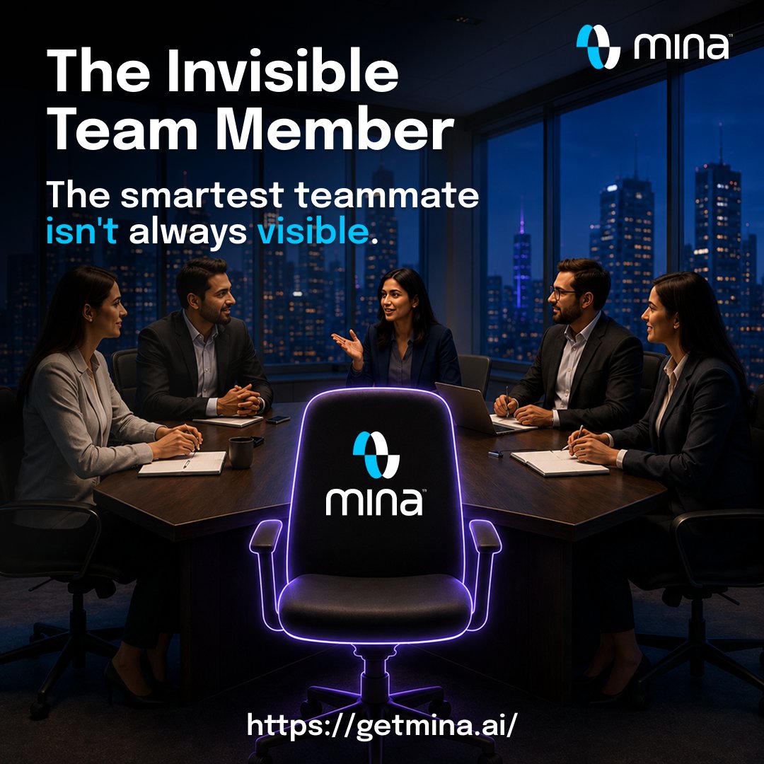 HeyMinaAI's tweet photo. Not every teammate needs a seat at the table.

While your team is brainstorming, debating and making decisions...

Mina is quietly doing what humans shouldn't have to.

🎙️ Listening to every conversation (with your permission)
📝 Capturing notes automatically
🌐 Finding answers in real time
✅ Turning discussions into action items
📋 Delivering meeting summaries before everyone forgets what was decided

No interruptions. No missed details. No scrambling through notebooks after the meeting.

Just stay present in the conversation.
Mina handles the rest.
Because the smartest teammate isn't always visible.

🚀Ready for meetings that actually move work forward?
#AI #AIassistant #technology #strategy #social #future