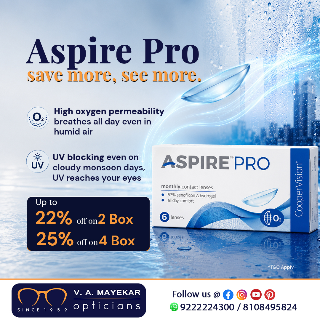 VAMayekarOptics's tweet photo. Running out of lenses mid-monsoon is the last thing you need. Cooper Vision Aspire Pro available at up to 25% off on a 4-box supply. 
High oxygen, UV protection, all-day comfort made for heavy screen users and commuters.
📞 9222224300
#CooperVisionAspirePro #VAMayekarOpticians https://t.co/jygrikyaxE