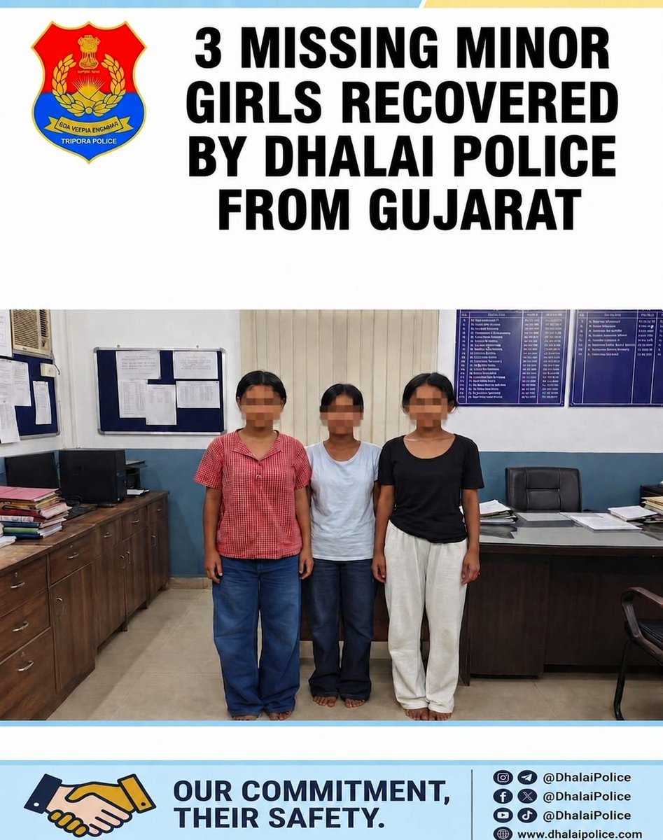 Dhalai_Police's tweet photo. Ganganagar PS successfully rescued three kidnapped minor girls from Ahmedabad, Gujarat, and arrested the accused through swift inter-state coordination with Gujarat Police.
#DhalaiPolice #ChildSafety #TripuraPolice https://t.co/26MwzpMvZH