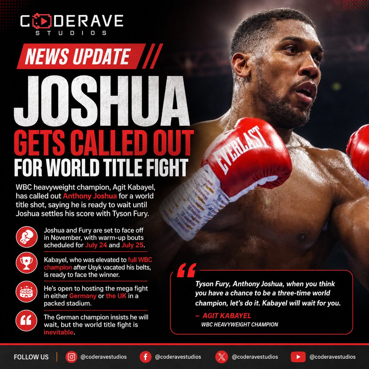 coderavestudios's tweet photo. Joshua Targeted for WBC World Title Fight After Fury Clash

WBC heavyweight champion Agit Kabayel has challenged British-Nigerian boxer Anthony Joshua to a world title fight, saying he is willing to wait until Joshua's anticipated showdown with Tyson Fury is over.
#anthonyjoshua https://t.co/7ZMd1psI1s