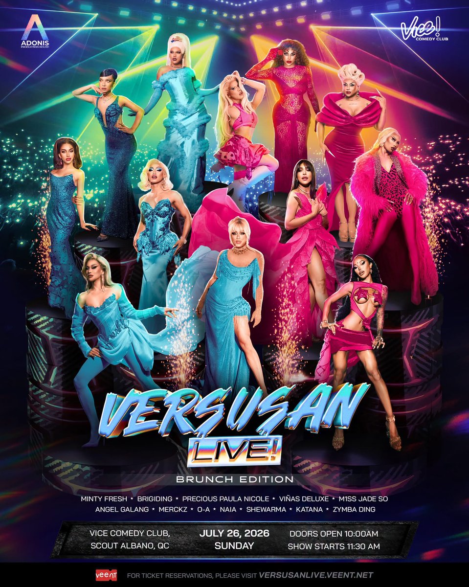 DragScenePH's tweet photo. Adonis Prod House presents VERSUSAN LIVE! 

This is a LIP SYNC BATTLE without the pressure of competition. No winners, no losers! Just a celebration of C.U.N.T.! 

The show starts with a solo performance set, where each queen gets to showcase her individual star power. Then, in the second half, the VERSUSAN begins as your favorite queens face off in a series of pasabog lip sync battles!

To make things even more exciting, each QUEEN will be given a BUDGET for RUVEALS, PROPS, and SPECIAL PAANDAR to elevate their performances. GANON!! 

📍 Vice Comedy Club
📅 July 26, 2026
⏰ 11:30 AM