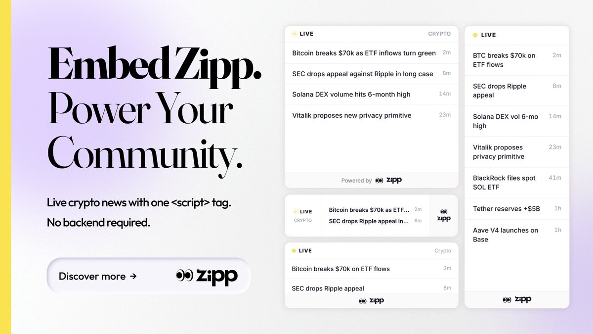 hypergpt's tweet photo. 🧩 Turn your website into a live crypto news hub with @zippfeed Widgets.

⚡ Add a single <script> tag.
📰 Deliver AI-powered crypto headlines to your community.
🎨 Choose from 5 widget layouts & 28 badge styles.
🚀 No backend changes. No build step. Just copy, paste, and go.

Keep your users informed without creating content yourself.

Embed Zipp. Let the news come to you. 👉 https://t.co/YPQKOCjooo

#BuildOnHyperGPT #AI #Crypto #Web3