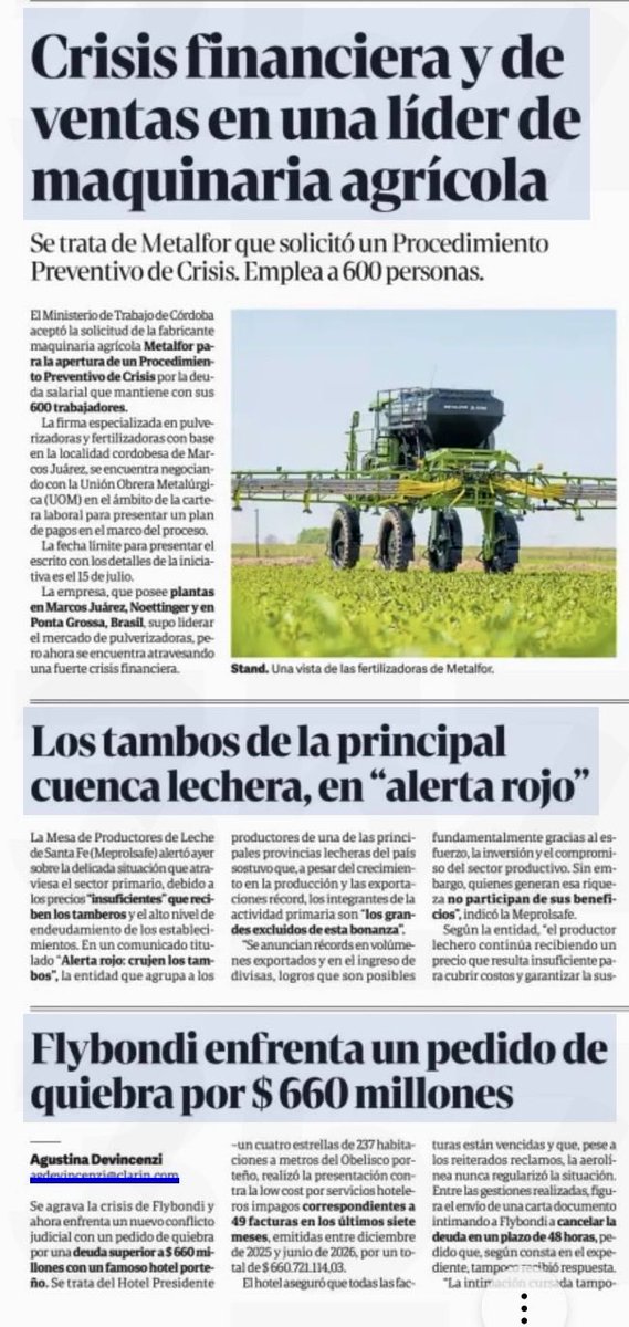 TOPOarg's tweet photo. EL MODELO DE MILEI

✔️Crisis financiera y de ventas en una líder de maquinaria agrícola.

✔️ Los tambos de la principal cuenca lechera, en "alerta rojo".

✔️Flybondi enfrenta un pedido de quiebra por $ 660 millones. https://t.co/Rsx0M6sHuF