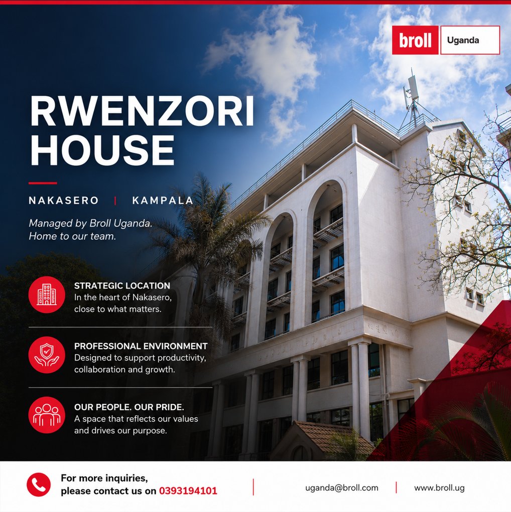 BrollUganda's tweet photo. Rwenzori House, Lumumba Avenue, Nakasero

A landmark address in Kampala's commercial core, sitting along one of the most active corridors in Uganda's central business district.

Rwenzori House is one of the prime properties under Broll Uganda's management. When you visit us, you walk into a building that lives up to the standard we deliver across our entire portfolio.

The buildings change. The standard does not.

For leasing enquiries, contact Broll Uganda on 0393 194 101, or speak directly with our Advisory & Transactions lead, Allan Muwanga, on +256 751 701 932 / amuwanga@broll.com

#BrollUganda #RwenzoriHouse #Kampala