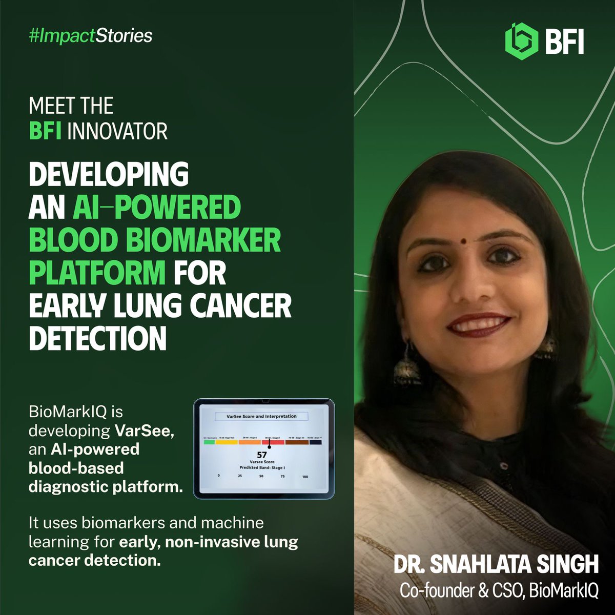 BFI_Impact's tweet photo. India’s lung cancer burden is rising rapidly, with cases projected to grow from 63,708 in 2015 to over 81,000 by 2025. Smoking and increasing environmental pollution are major contributors, while nearly 80 to 85% of patients are diagnosed at advanced, incurable stages, leading to around 60,000 deaths every year.

Source:  Indian Journal of Medical Research (IJMR)

Factors such as tobacco exposure, rising air pollution, and occupational hazards continue to increase the burden of lung cancer, while access to affordable and non invasive early screening tools remains limited.  
Early detection can significantly improve survival outcomes, yet current screening approaches are often expensive, invasive, radiation dependent, or inaccessible to large sections of the population.

Supported by BFI-BIOME, BioMarkIQ is working to address this gap through VarSee, an AI-powered, biomarker based platform for early lung cancer detection. 

VarSee combines blood based biomarker analysis with machine learning and bioinformatics to identify early lung cancer signals through a non invasive approach. Designed for scalability and accessibility, the platform aims to enable earlier clinical intervention and improve patient outcomes.

By enabling faster and more accessible screening, the technology has the potential to transform how lung cancer is detected across India, especially for high risk populations.