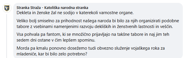 AlenKoman's tweet photo. Največji "sovražnik žensk" v Sloveniji očitno noče, da bi bile ženske tepene in ustreljene, mučene, posiljene, razmesarjene, iztrgane od doma, otrok, zaposlene z vojskovanjem in s tem oddaljene od ustvarjanja družine, materinstva, varnega doma itd.,

temveč predlaga drugačne oblike podobnih taborov za dekleta in mladenke,

zato se vsem skisajo možgani in se jim scvrejo procesorji. @SlovenskeNovice celo napišejo cel članek o tem. Seveda s popolnoma napačnim navedkom v naslovu.

Kaj točno v tem zapisu @StrankaStraza je zlobnega, sovražnega ali zlohotnega in napačnega:

"Dekleta in ženske žal ne sodijo v katerekoli varnostne organe.

Veliko bolj smiselno za prihodnost našega naroda bi bilo za njih organizirati podobne tabore z vsebinami namenjenimi razvoju dekliških in ženstvenih lastnosti in veščin.

Vsa pohvala pa fantom, ki se množično prijavljajo na takšne tabore in naj jim teh sedem dni ostane v čim lepšem spominu.

Morda pa kmalu ponovno dosežemo tudi obvezno služenje vojaškega roka za mladeniče, kar bi bilo zelo potrebno?"