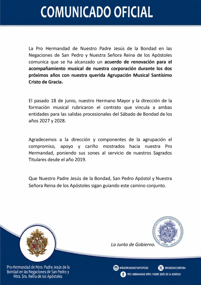 BondadCordoba's tweet photo. COMUNICADO OFICIAL | RENOVACIÓN A.M. STMO. CRISTO DE GRACIA 

Con enorme satisfacción anunciamos la continuidad de la Agrupación Musical Santísimo Cristo de Gracia junto a nuestra corporación para los próximos dos años. Una relación basada en la confianza, el compromiso y el https://t.co/wJJvg0U0aA