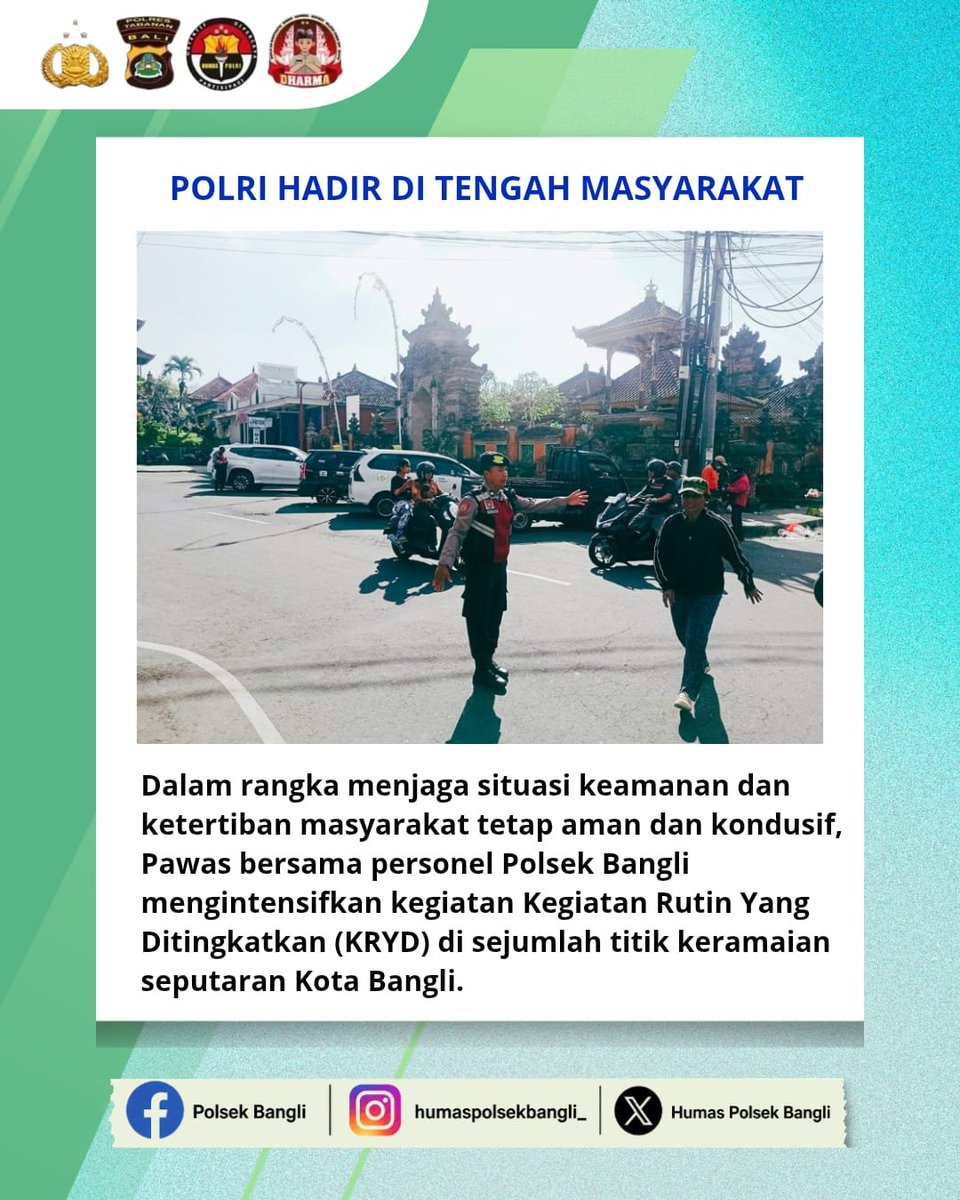 HumasPolsekBgl's tweet photo. Dalam rangka menjaga situasi kamtibmas tetap aman dan kondusif, Pawas bersama personel Polsek Bangli melaksanakan Kegiatan Rutin Yang Ditingkatkan (KRYD) dengan patroli dialogis di kawasan Pasar Kidul Bangli, Jumat (3/7/2026).

#PolriUntukMasyarakat #PolsekBangli  #Polresbangli https://t.co/IrdfCDlzyH