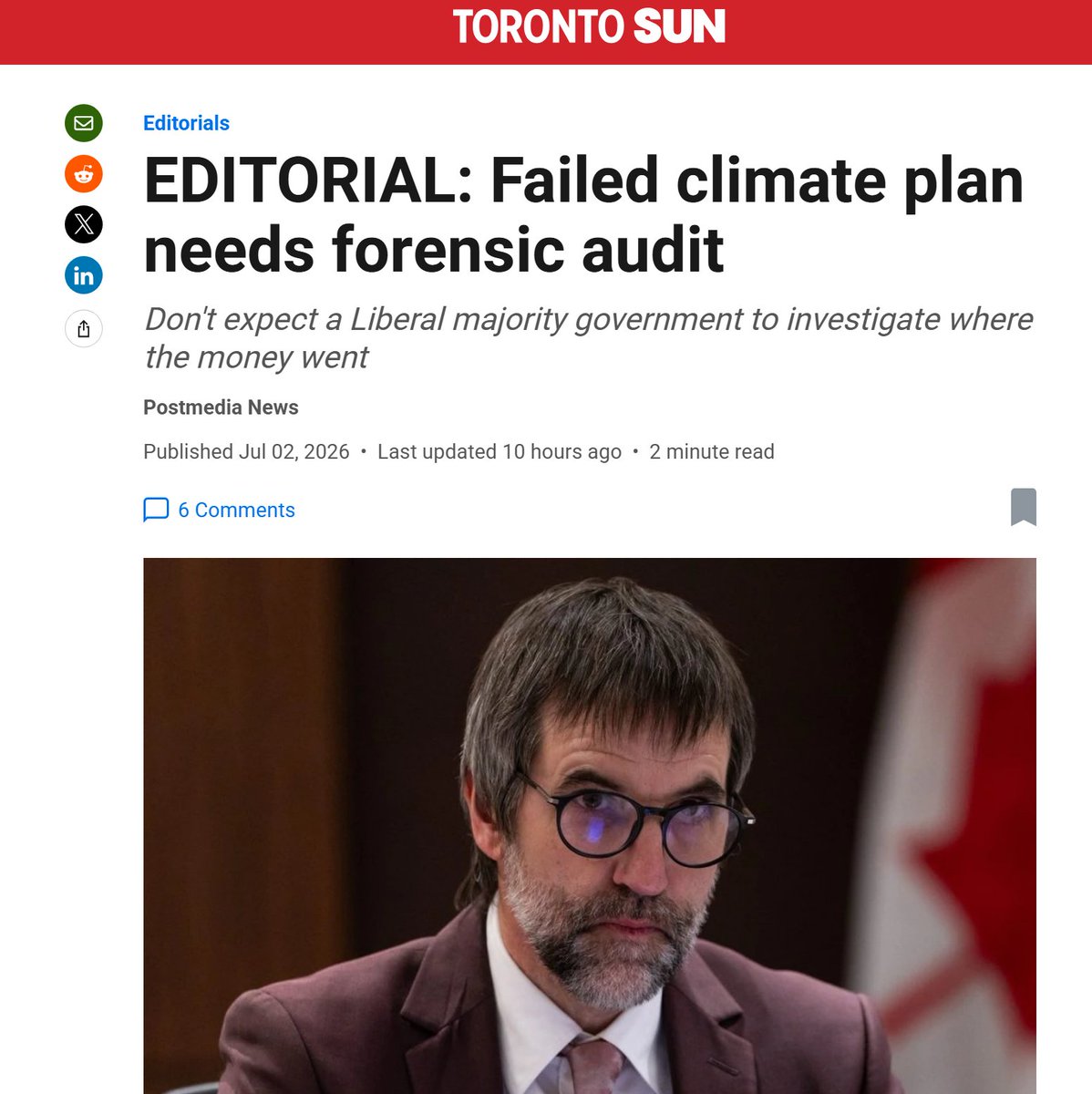 cbcwatcher's tweet photo. "Now that Prime Minister Mark Carney has scrapped Justin Trudeau’s failed $200-billion-plus climate strategy, Canadian taxpayers deserve a forensic audit into where the money went and where the unspent portion (if any) is going." https://t.co/8ZGMkkCcy1