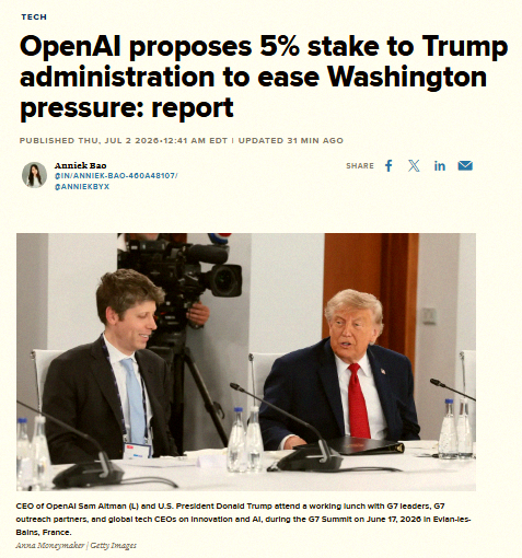 LiikeTrinaaa's tweet photo. Breaking 🚨: OpenAI might hand over a 5% share to the Trump Administration 👀 At their latest $852 Billion valuation, that’s over $42 Billion 🤑 https://t.co/0CGRKlq6Rf