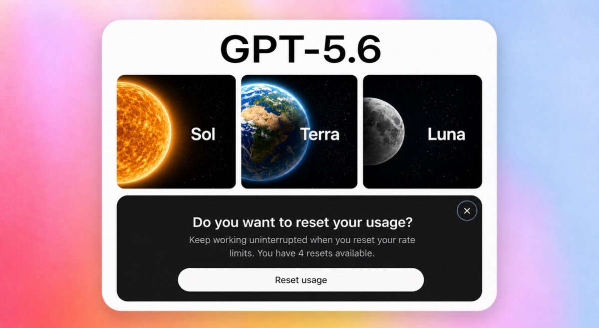 jturntdev's tweet photo. ChatGPT 5.6 Sol, Terra, Luna is expected to be Generally Available Tuesday.

This will unlock unlimited potential for everyone. 

Stack your resets, cancel Claude sub at last and finally escape the underclass. 

How many resets you’s got stacked?? https://t.co/GYjpJUpxkV