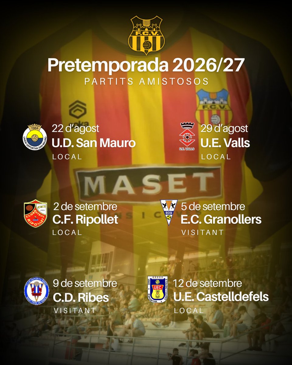 FCVilafranca's tweet photo. 𝐏𝐑𝐄𝐓𝐄𝐌𝐏𝐎𝐑𝐀��𝐀 𝟐𝟎𝟐𝟔/𝟐𝟕

Aquests són els partits amistosos que disputarà el nostre primer equip al llarg de la pretemporada, la qual arrencarà el dilluns, 17 d'agost, amb la primera sessió d'entrenaments.

Amb tot, equip!🔴🟡 https://t.co/XXIbZem2Dv