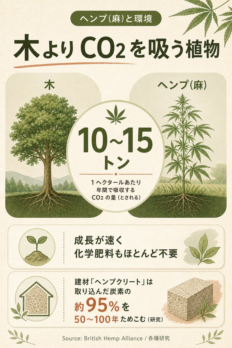 drowse_cbd's tweet photo. 木よりもCO2を吸う植物がある。それが「ヘンプ(麻)」。

成長が速く、1ヘクタールあたり年に10〜15トンの二酸化炭素を吸収するとされる。化学肥料もほとんどいらない。

しかも麻からつくる建材「ヘンプクリート」は、取り込んだ炭素の約95%を50〜100年ためこむという研究もある。

大麻＝悪、とは限らない。
