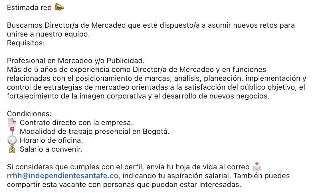 MarquezCaroR's tweet photo. Buscan Director de Mercadeo para @SantaFe 

A quien le interese. 🦁🇮🇩 https://t.co/G2zNPv8y50