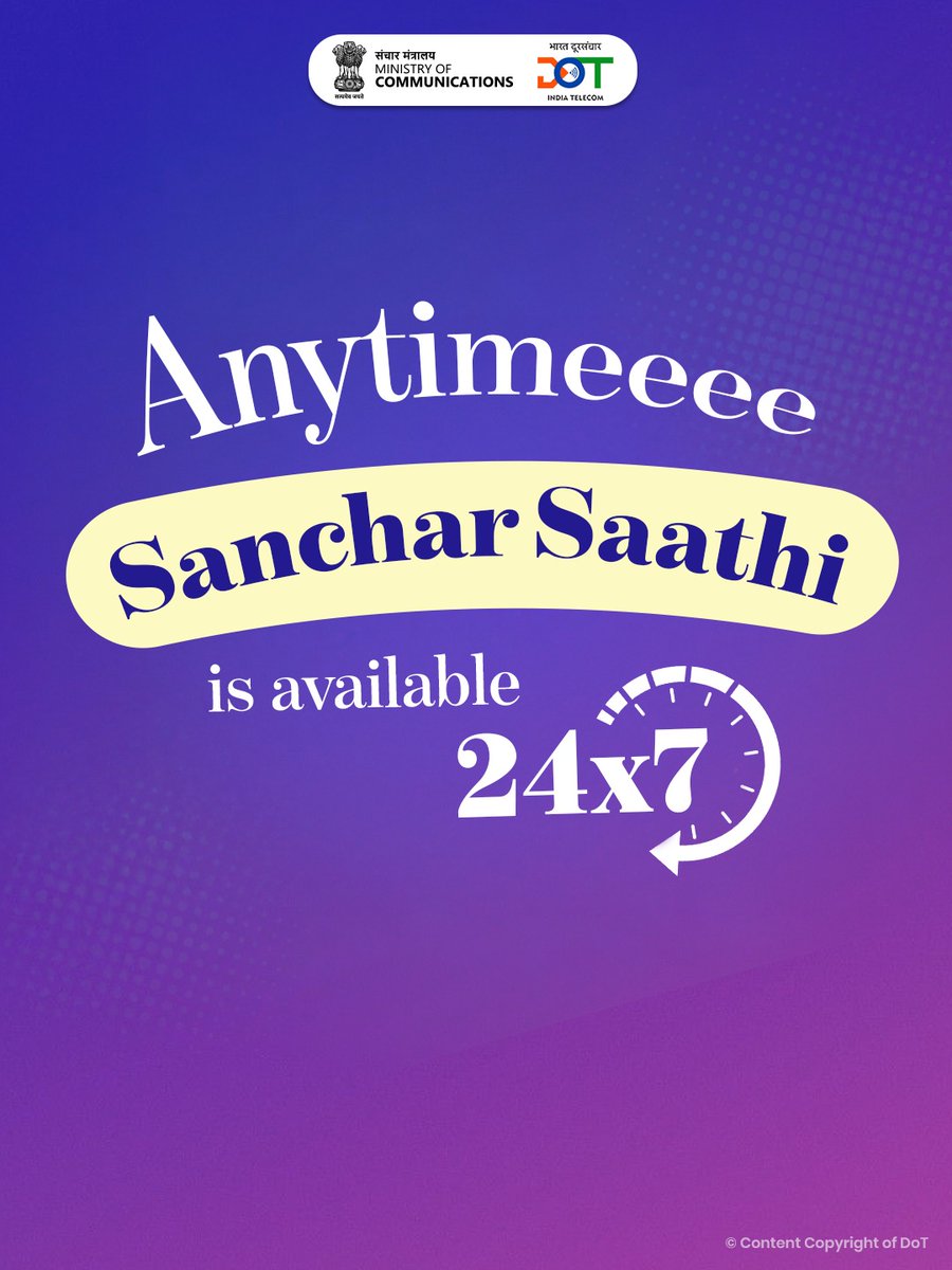 DoT_India's tweet photo. Cyber fraud doesn't take a break, Why should reporting wait?

With Sanchar Saathi Report suspicious numbers anytime, anywhere and stay digitally safe.

Download the Sanchar Saathi app now!

#DoT #Telecom #SancharSaathi #SancharSaathiApp #CyberFraud 

@JM_Scindia @PemmasaniOnX @PIB_India @pib_comm @DDNewslive