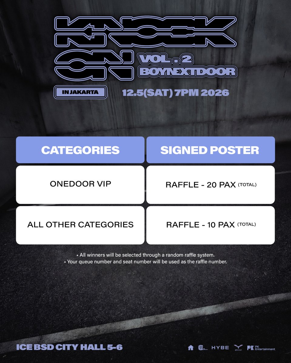 NicoGee101's tweet photo. [#KNOCK_ON_Vol_2_IN_JAKARTA #BND #KNOCK_ON_Vol_2 #KNOCK_ON_Vol_2_IN_ASIA]
wts lfb tpa ticket htb proxy

📢Direct Link / Bypass Link for BOYNEXTDOOR TOUR 'KNOCK ON Vol.2' IN JAKARTA is now open✨

ONEDOOR MEMBERSHIP PRESALE: https://t.co/uxa9HjFc0D

GENERAL ONSALE: https://t.co/TykVRYBFOw

📅 5 December 2026
📍ICE BSD City Hall 5-6

⚡️Low or No Queue
✅Ticket/s will be secured using your own account
💯More than 3,000+ feedbacks and transactions

✍️Submit