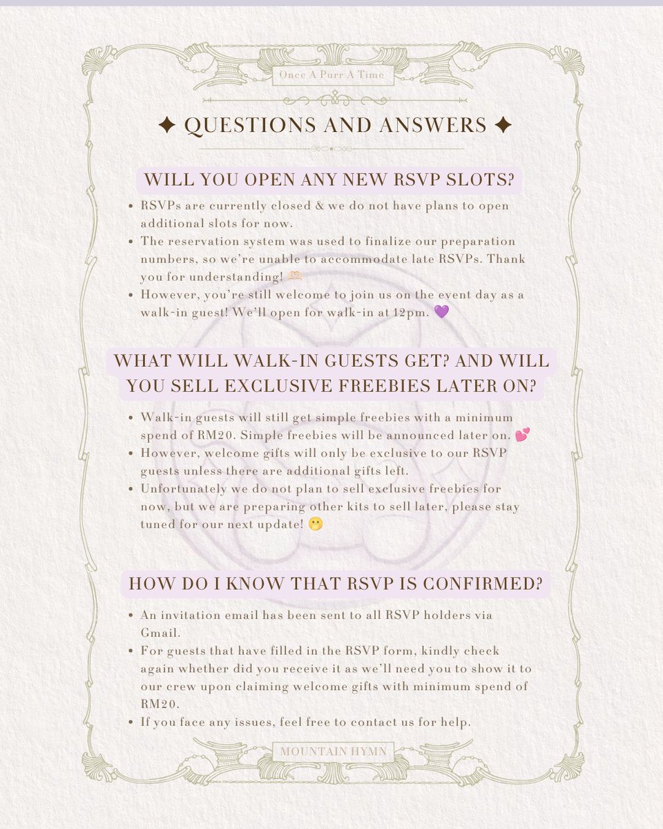 3anhymnn's tweet photo. ‼️Important Announcement‼️
#OnceAPurrATime 

We sincerely apologize from our team, and to clarify everything, we have stated all details and questions received in the post here.

Furthermore, we kindly welcome all walk-ins from 12pm, as stated in our event timeline. Walk-ins will also receive freebies upon minimum spend of RM20.

For latest updates and up-to-date info during event day, guests are highly encouraged to join our telegram group for better communications.
https://t.co/RZYRfNOU23

Sorry for any inconveniences. 💗
And we hope to see all of you in 9️⃣ days! 😍

-- Mountain Hymn