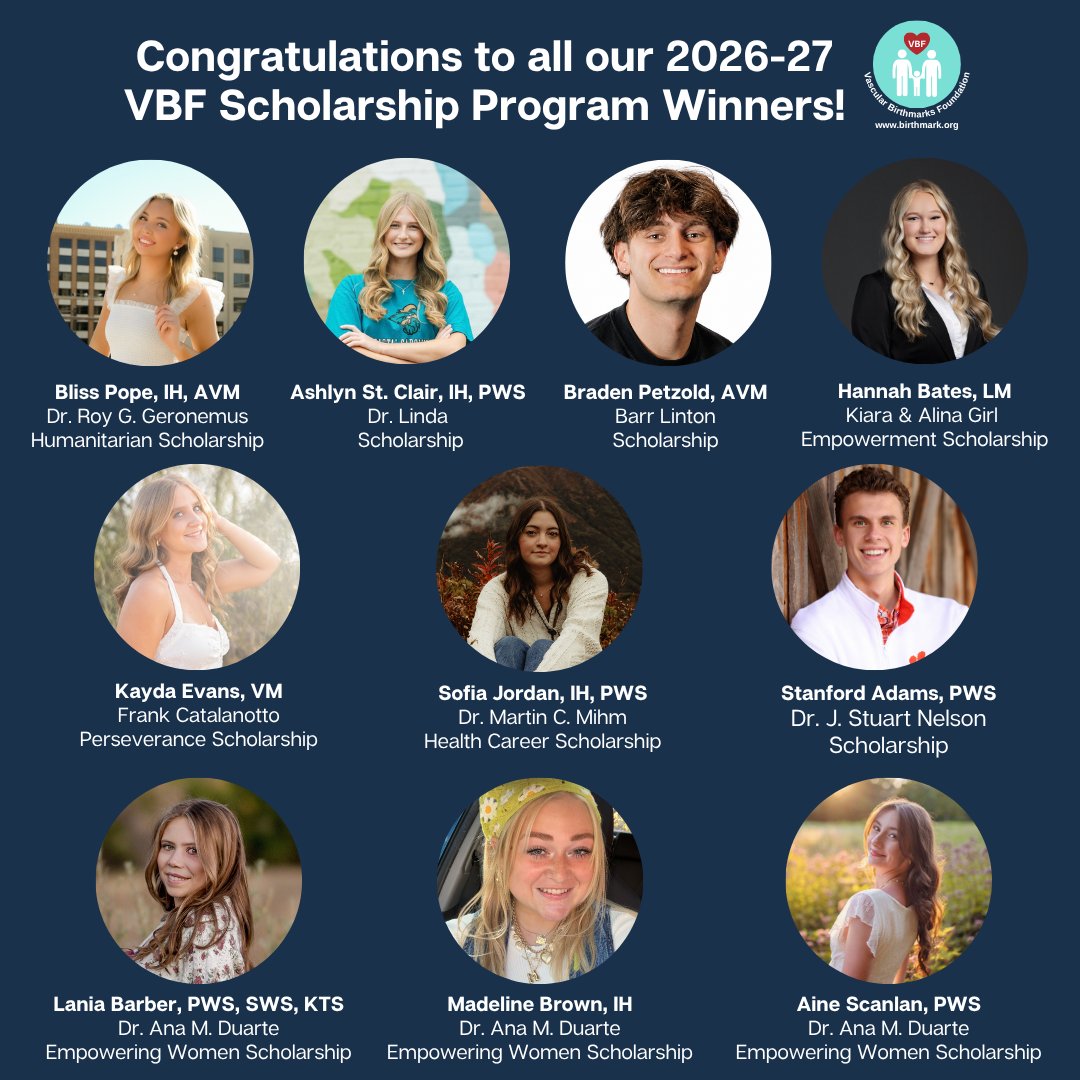 VBirthmarks's tweet photo. Congratulations to all our 2026-2027 VBF Scholarship Program Winners!
Sponsor a VBF Scholarship or support our VBF Scholarships by making a donation here: https://t.co/tvexNrbkhE
Learn about our VBF Scholarships here: https://t.co/UGKakvOZas
#VBF #ScholarshipOpportunities https://t.co/N2QfPggb1w