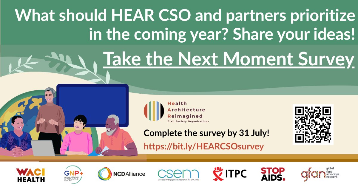 GFadvocates's tweet photo. HEAR CSO has spent 10 months building a civil society vision for global health reform. Now we're planning the next 12 months and we need YOUR input.

What do you need? 

Take our survey!

 📝 5 mins | 9+ languages | Closes 31 July
 🔗 https://t.co/VVlAxt6Oqc https://t.co/kZLl8YfTKs