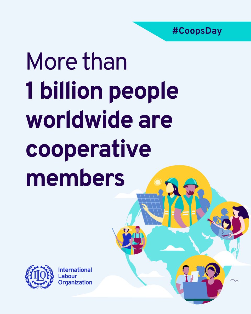ilo's tweet photo. More than 1 billion people are cooperative members. 🌍

Across regions and sectors, cooperatives contribute to stronger local economies, decent work and more inclusive development. #CoopsDay https://t.co/A9jZdOgYT1