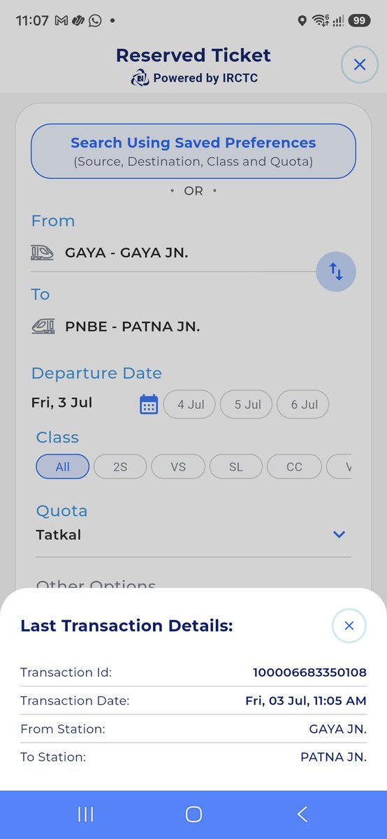 krven90's tweet photo. @RailwaySeva @amofficialCRIS @amofficialCRIS @RailwaySeva @AshwiniVaishnaw @RailMinIndia Another issue due to which I couldn't try another booking. Transaction not showing in booked or failed, don't know whether it is booked or not even after 25 mins of transaction. https://t.co/nzqPgSJJaw