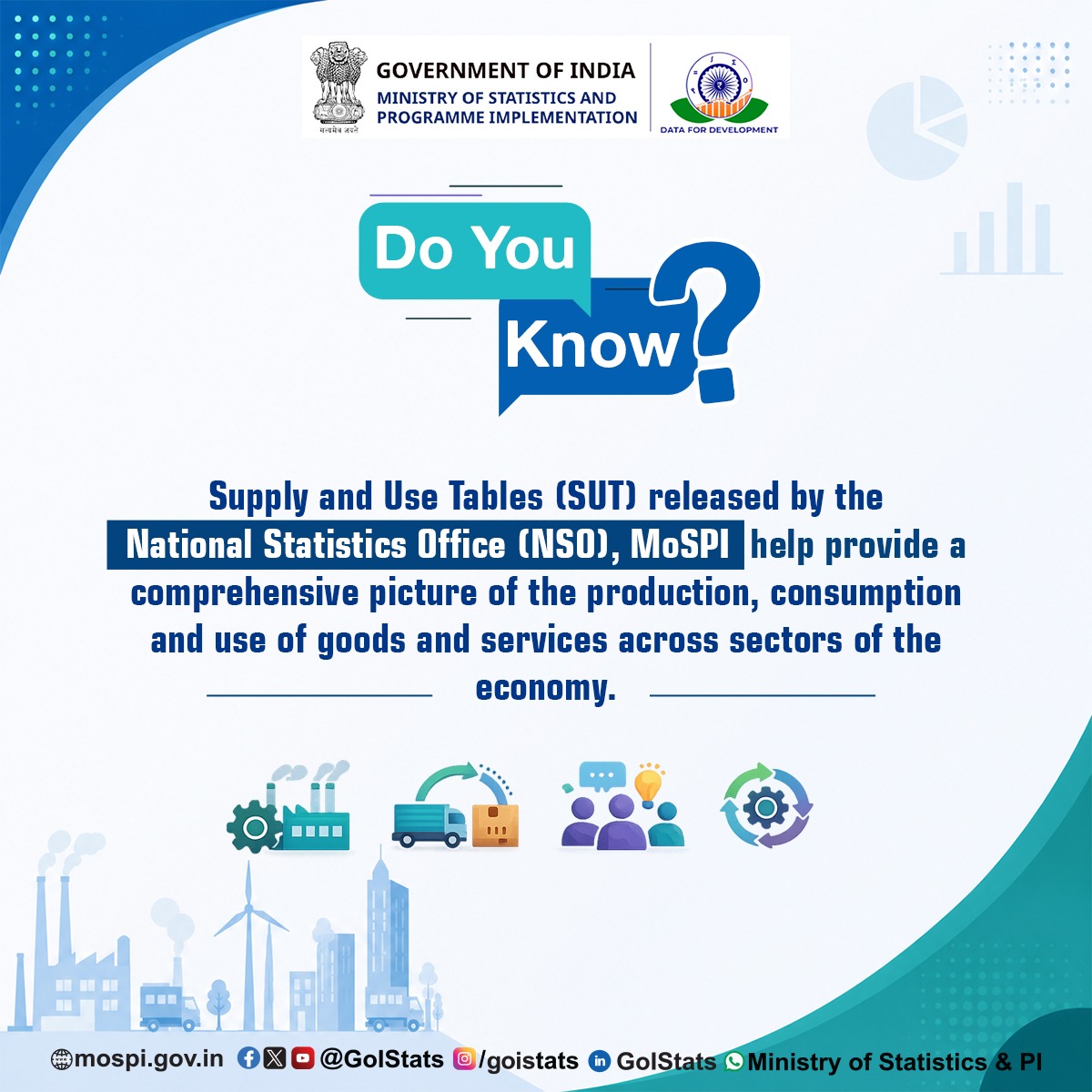 GoIStats's tweet photo. Supply and Use Tables (SUT) provide a comprehensive view of how goods and services are produced, consumed, and utilized across sectors of the economy. By linking production with usage, SUT strengthens economic analysis and supports evidence-based policymaking for informed decision-making.

For related updates and official information, please visit MoSPI’s official website. https://t.co/COjZExnr1j

#NSO #MoSPI #SupplyAndUseTables #OfficialStatistics #EconomicStatistics #DataForDevelopment #NationalAccounts #EvidenceBasedPolicy #EconomicAnalysis #StatisticsForDevelopment #IndiaStats

@PMOIndia @Rao_InderjitS @_saurabhgarg @PIB_India
@PibMospi @mygovindia @NITIAayog