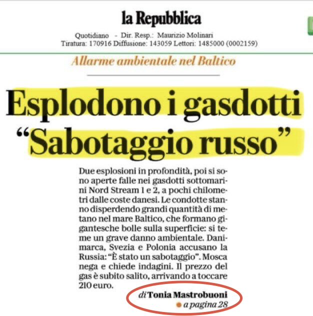 k_arsenale's tweet photo. Una grande professionista dell’informazione, la filo #Ucraina #ToniaMastrobuoni @repubblica:
A) Settembre 2022: “#NordStream SABOTAGGIO RUSSO”
B) Luglio 2026: “#NordStream sabotaggio ucraino”

(La Propaganda Salvi @mastrobradipo !!) https://t.co/FQik0326s2