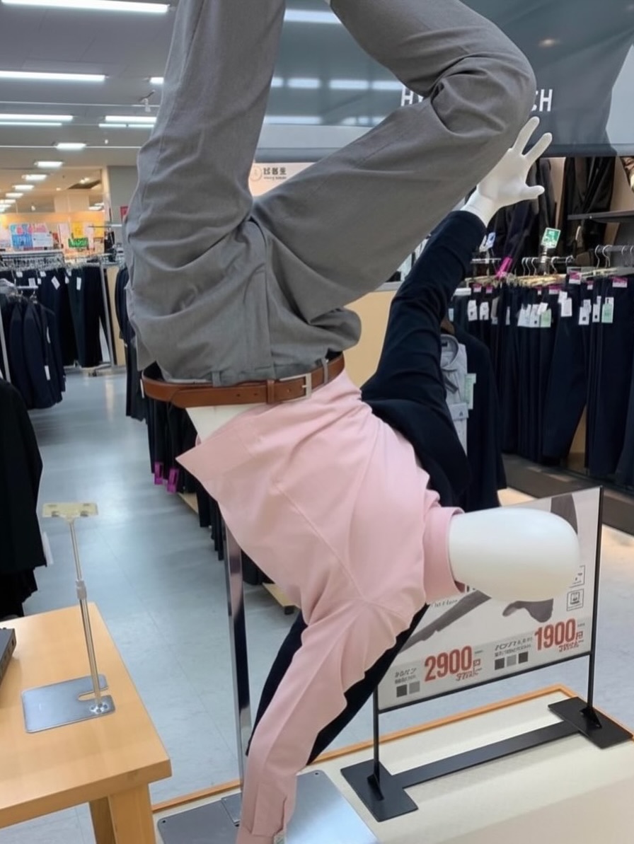 awkwardgoogle's tweet photo. Mannequins in Japan hit extreme poses to prove their suits don't rip. https://t.co/k1bqcMNJSg