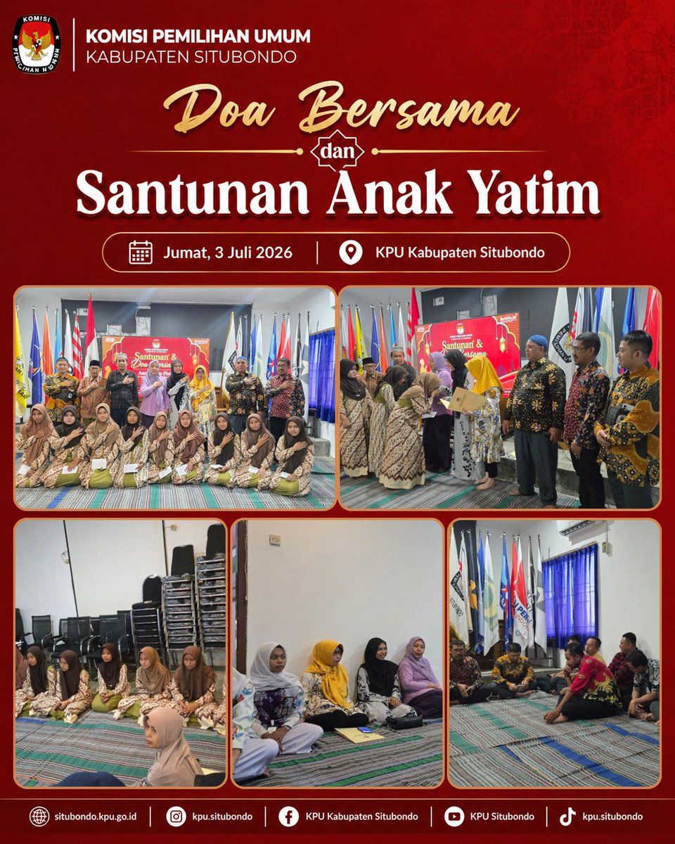 kpustb's tweet photo. #temanpemilih 

Doa Bersama dan Santunan Anak Yatim

Dalam semangat kebersamaan dan kepedulian, Komisi Pemilihan Umum Kabupaten Situbondo melaksanakan kegiatan Doa Bersama dan Santunan Anak Yatim pada Jumat, 3 Juli 2026. 

#kpumelayani https://t.co/FbPTyVVFbv