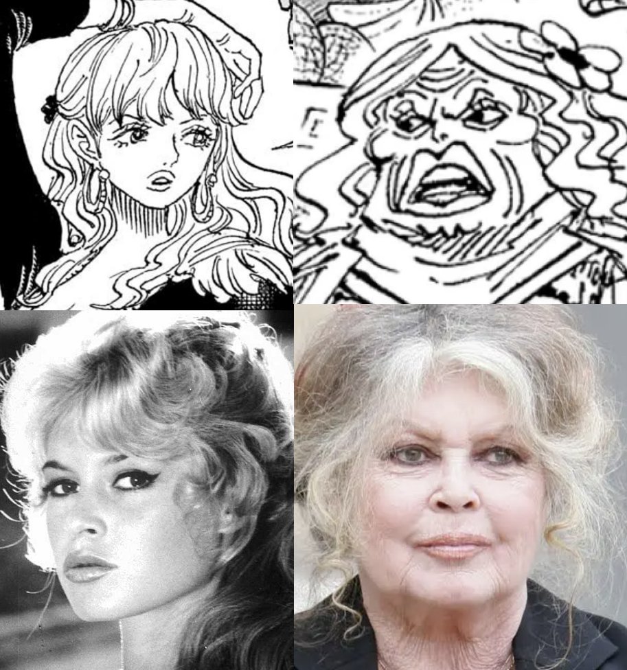 newworldartur's tweet photo. Oda reveals the inspiration for Gloriosa! #SBS115

R: I love reading this manga, so I had a question about Gloriosa. Is she based off of Brigitte Bardot?

O: Woah!! You noticed?! Indeed!! Look her up online and you should see it immediately!! For Elder Nyon I wanted to depict an "aging beauty" so to reference her facial features I used as model France's actress beauty of old at both her youth and after!