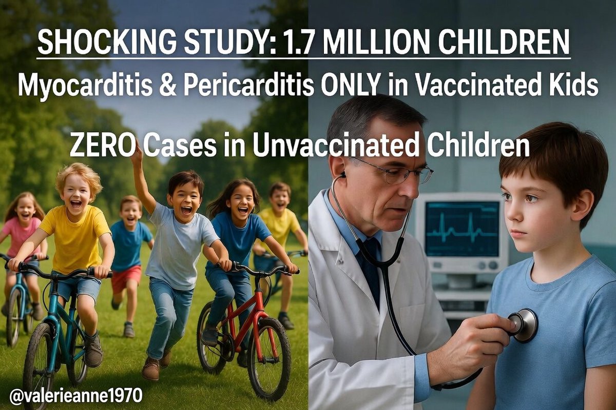 ValerieAnne1970's tweet photo. SHOCKING STUDY – 1.7 MILLION CHILDREN

Myocarditis & Pericarditis ONLY appeared in children who received the COVID mRNA vaccine.  

ZERO cases in unvaccinated children.  

Not one. 

They told us it was "extremely rare" and "safe for kids."  

They lied.  

This was done to our children.  

Share this everywhere — parents need to see the truth.

For the kids who were injured, vaccine-induced myocarditis is far from mild. Many suddenly face crushing chest pain, racing or skipping heartbeats, severe shortness of breath, and overwhelming fatigue that knocks them off their feet.

Once energetic children who lived for sports, biking, soccer, and playground adventures lose their independence overnight.

They’re forced into months of strict rest — no running, no sports, no play — while enduring doctor visits, tests, medications, and the fear that their heart may never fully recover.

What should be joyful, carefree years become filled with pain, uncertainty, and lost innocence.