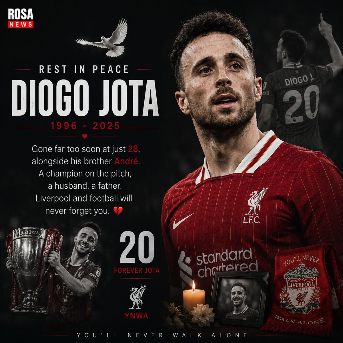 AlexRiver832118's tweet photo. ����️ Rest in peace, Diogo Jota.
Gone far too soon at just 28, alongside his brother André. A champion on the pitch, a devoted husband, and a loving father. Your passion, talent, and humility touched millions.
#DiogoJota #YNWA #Liverpool #RIPJota #ForeverJota https://t.co/vNDHsfubb2
