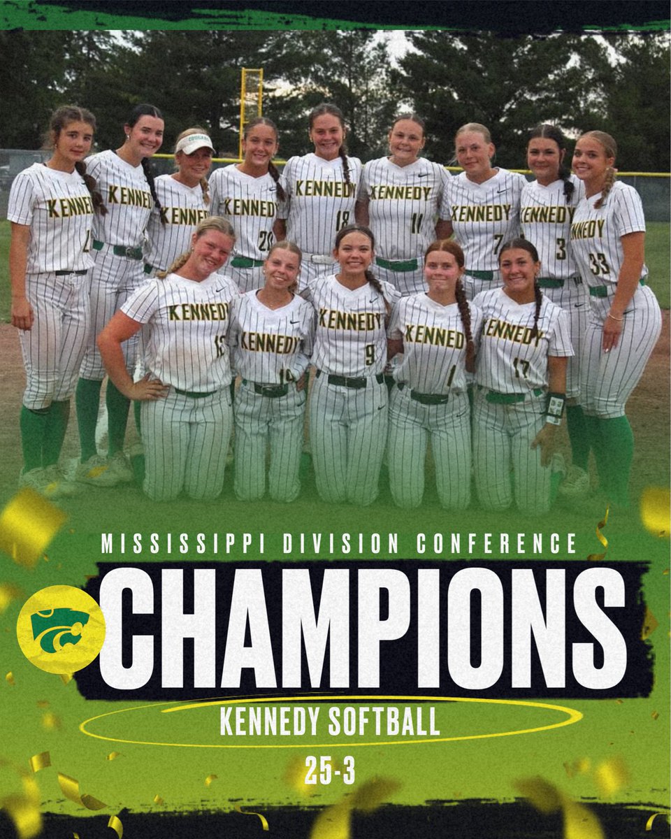 JFKsoftball's tweet photo. With tonight’s sweep over Iowa City West, the Cougs end their conference schedule with a record of 25-3 and win the Mississippi Division!💚💛🥎 #gocougs https://t.co/6nn3nQh1zD