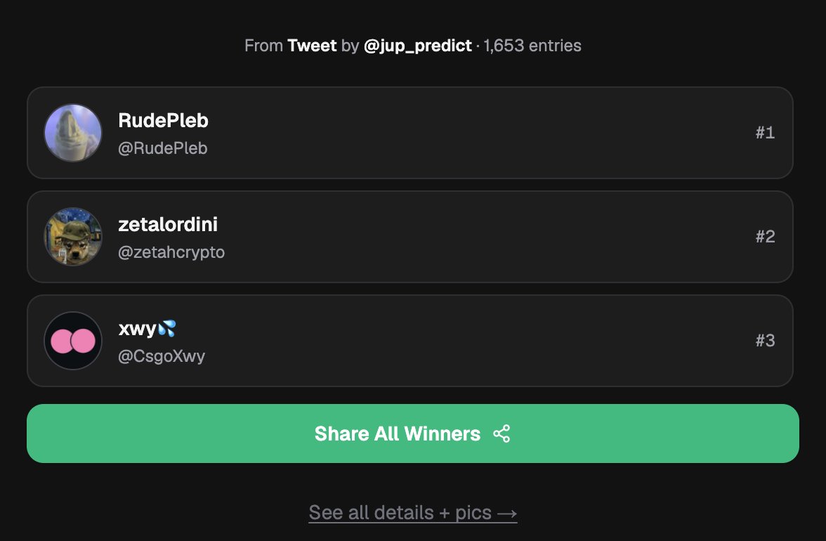 jup_predict's tweet photo. Intern says @RudePleb @zetahcrypto @CsgoXwy are now $50 richer 

Should we do these again? 👀 https://t.co/KaGwuNyeEA