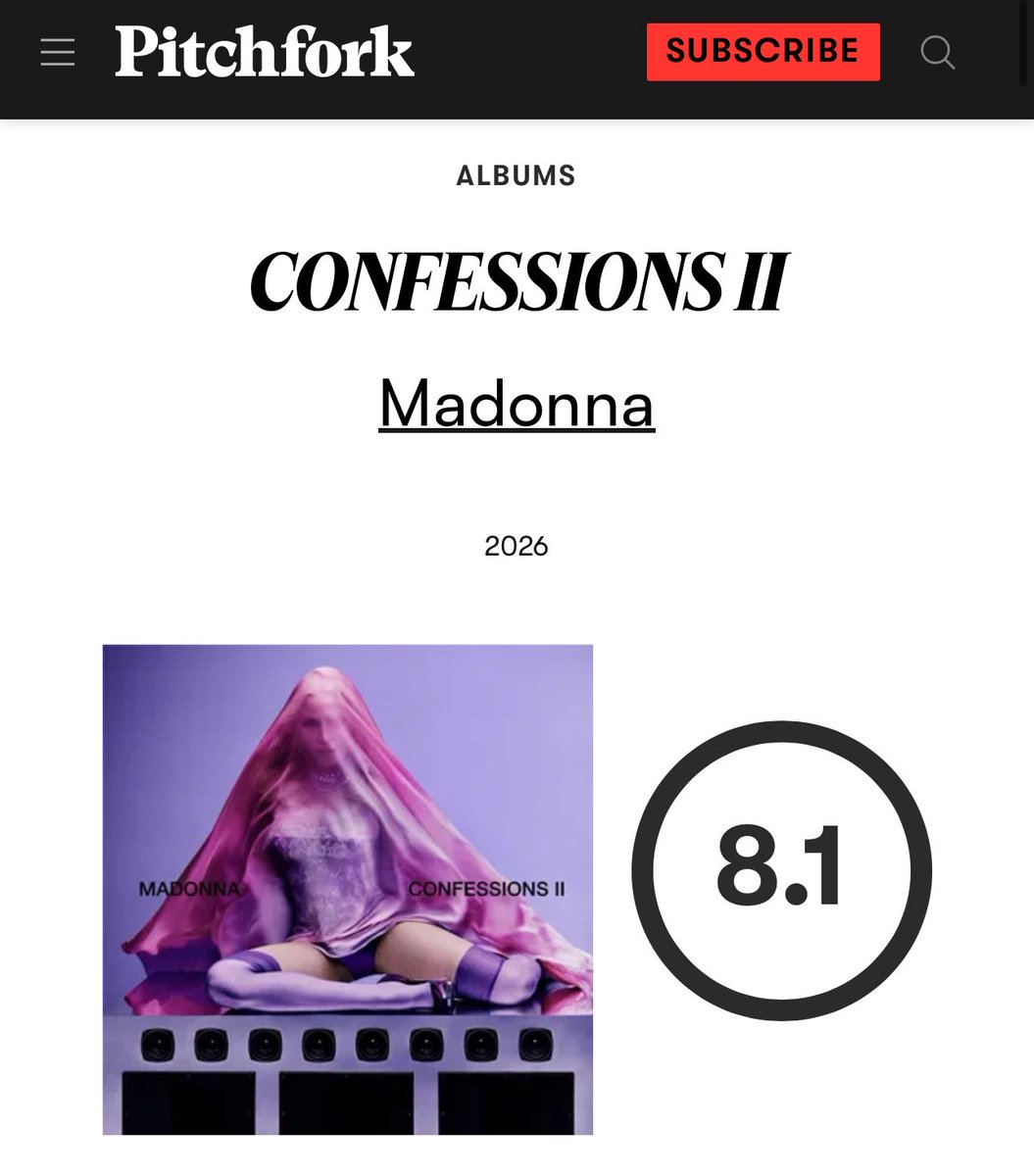 sergioopina_'s tweet photo. 🚨 Pitchfork confiere a ‘Confessions II’ de Madonna una calificación de 8.1: 

«Madonna vuelve a lo grande con un álbum de dance fresco y sincero que no solo es su mejor trabajo de los últimos 20 años, sino que también implica una aportación imprescindible a su discografía». https://t.co/v6LZVqhTSl